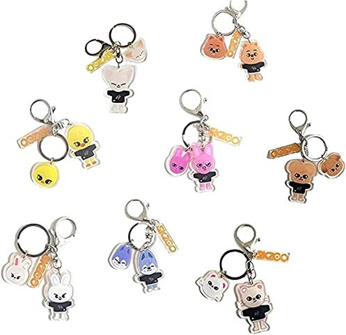 Tshy Musolaree 8pcs Stray Kids Skzoo Porte-clés Acrylique Stray Kids Cartoon Porte-clés SKZ Animal Double face Sac à dos Téléphone Pendentif Porte-clés Kpop pour Fans Enfants