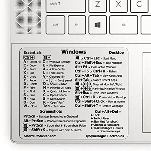 SYNERLOGIC (10 pcs) Windows PC Keyboard Shortcuts Stickers | No-Residue Laminated Vinyl Cheatsheet Windows Keyboard Stickers 76 x 64mm (Clear/Black, Small, 10 pcs)