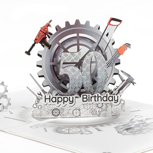 LIMAH® Pop Up 3D Geburtstagskarte zum 50. Geburtstag/Jubiläum für Mann, Opa, Papa - passend zum Gutschein, Geschenk oder Geldgeschenk - Motiv Happy Birthday 50 mit Zahnrädern und Werkzeug