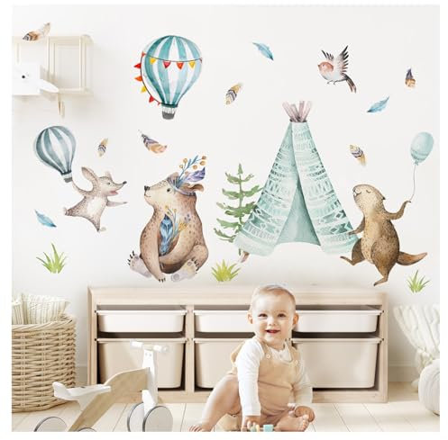 DEKO KINDERZIMMER Wandsticker Waldtiere mit Heißluftballons Kinderzimmer Wandtattoo Wandaufkleber Bär Tipi Babyzimmer Wanddeko DK1068-1