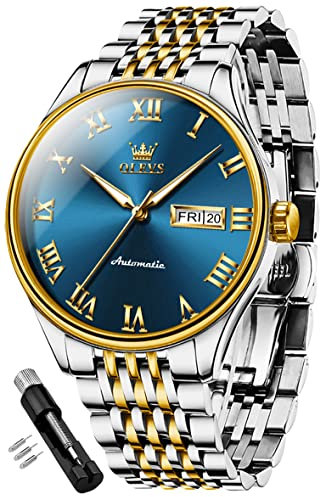 OLEVS Automatische Herren-Armbanduhr, selbstaufziehend, mechanisch, Business-Luxus-Armbanduhr, Edelstahl, wasserdicht, leuchtend, 9929: zweifarbiges Band und blaues Zifferblatt, Automatische Uhr