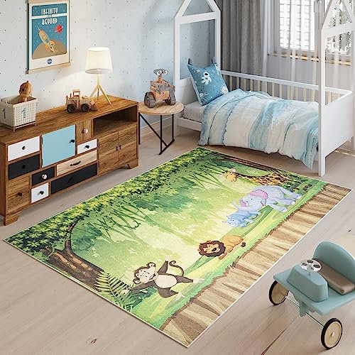 TAPISO Emma Teppich Waschbar bei 30 Grad Bunt Jungle Tiere bedruckter Kinderteppich Antirutsch Kinderzimmer Jugendzimmer Modern ÖKO-TEX 160 x 230 cm