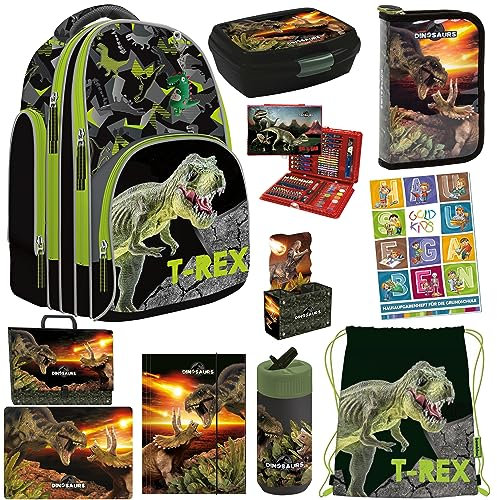 Goldkids Schulranzen Set T-Rex Dinosaurier 11er XXL Set Schulranzen Ranzen Tornister Federmappe Turnbeutel Trinkflasche Brotdose Aufgabenheft für die Grundschule ab der erste Klasse