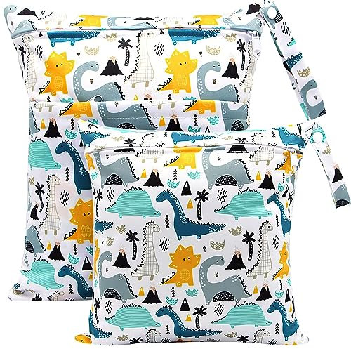 Loscarol 2 Stück Wetbag Kindergarten Groß, Nasstasche Wet Bag Windeltasche Klein, Nassbeutel Kindergarten Personalisiert for Baby Stoffwindeln (Dinosaurier)