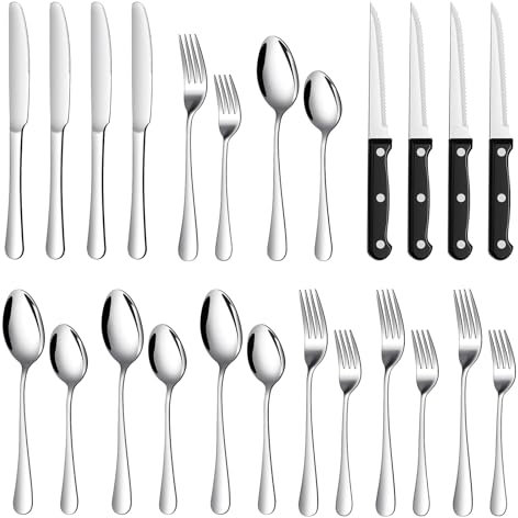 TAN REN 24 pièces couverts de table pour 4 personnes, couvert en acier inoxydable avec couteau à steak, couvert en argent comprenant cuillère, couteau, fourchette, lavable au lave-vaisselle