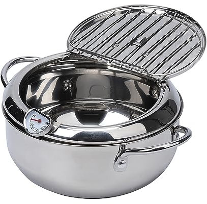 Hodeffior Deep Fryer Pot Tempura Frying Pan 304 Stainless Steel Flat Bottom Japanese Style Cookware W/Lid & Temperature Control Thermometer