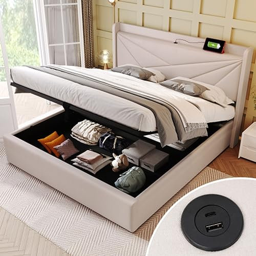 Tcewhhy Polsterbett Mit Stauraum Doppelbett King Size Bettkasten Mit USB Typ C Ladefunktion Kopfteil Stauraumbetten Bettgestell Aus Leinenmaterial Jugendbett Mit Lattenrost Gästebett Beige 180x200 cm