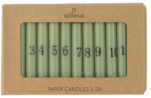 24 dünne Kerzen weiss mit Zahlen 1-24 H: 10 Ø: 1,3 cm div. Farben Adventskranz Advent Weihnachten, Variante:Staubig Grün mit schwarzen Zahlen