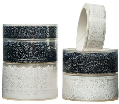 KAVI' S 6 Rollen Lace Muster Washi Tape Set PET Masking Tape Dekoratives Klebeband für Scrapbooking, Geschenkverpackung, Urlaubsdekoration (Black and White)
