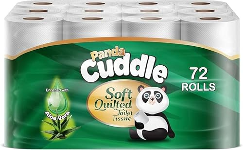 Panda Cuddle Rolls Toilet Tissue 3 Ply – Soft Quilted Toilet Rolls Tissue for Everyday Family Use – Strong & Absorbent Bathroom Paper (Aloe Vera, Pack of 72)