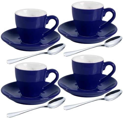 homEdge Porcelain Espresso Shot Cup Set with Saucers and Stainless Steel Spoons - 80 ml / 2.67 oz, Set of 4, Navy