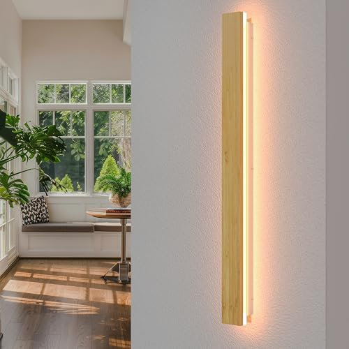 AOEH LED Wandleuchte Innen Holz Wandlampe Dimmbare Mit Fernbedienung Lange Wandleuchte Aus Bambus 36W Lampen Holz Wandbeleuchtung Modern Wandlampe Für Schlafzimmer Wohnzimmer Flur Treppenhaus,100cm