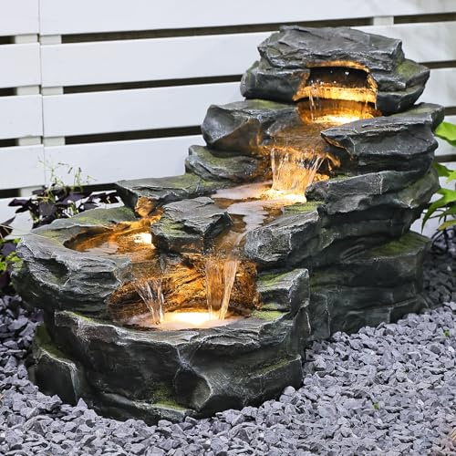 37 L Garden Outdoor Water Fountain, Floor Standing 5-Tiers Rock Natural Waterfall Outdoor Fountains with LED Lights for Patio, Porch, Home Art Decor