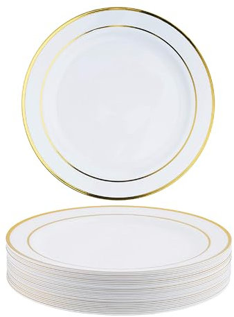 MATANA 200 Premium White Plastic Dessert Plates with Gold Rim, 19cm / 7 Inch – Elegant & Reusable Side Plates for Weddings, Birthdays, BBQ, Picnic, Parties