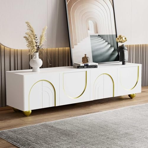 KOMHTOM Meuble TV Blanc avec 4 Portes, Table Television Salon avec Pieds arrondis et cloisons, Meuble TV Bas avec Rangement (A)