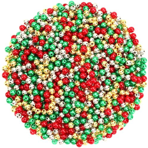UPINS 1200 Stück Weihnachtsperlen in Rot, Grün, Gold, Silber, rund, 6 mm, Perlen für Weihnachten, Urlaub, Party, Dekoration, Perlen, Bastelbedarf