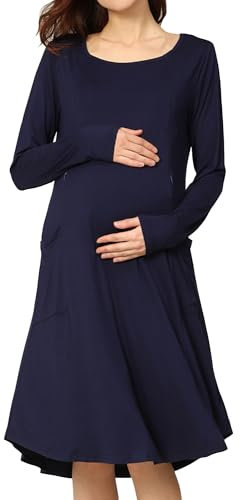 FEOYA Robe Grossesse Maternité Femme Enceinte Robe Allaitement Manches Longues Chic Elegant pour Printemps Automne Hiver XL Bleu