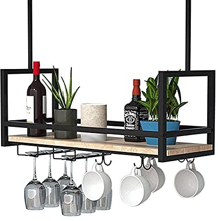 Industrielles Weinregal, Deckenregal mit 2 Schichten schwebenden Regalen, Hängeregal und Präsentationsständer für Küche, Bar, Restaurant, graues Wolf-Design (100 x 30 x 60 cm)