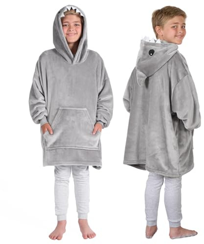 OHS Shark Blanket Kids, Hoodie Cosy Soft Warm Fleece Snuggle Hoodies Kids Oversized Blanket Hoodie Winter Gifts for Boys Girls, Grey - One Size