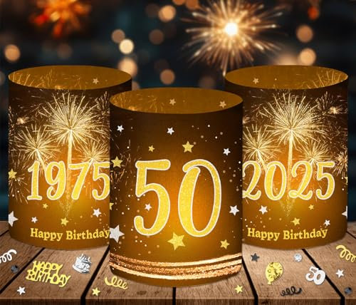 12 Windlicht Tischdeko 50 Geburtstag + 500 Konfetti Streudeko Schwarz Gold, Deko 50. Geburtstag Mann Frau 1975-2025, 50 Jahre Happy Birthday Tischdekoration, Geeignet für Teelichter oder Kerzen