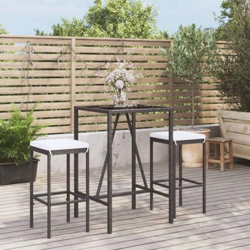 Homgoday 3-TLG. Gartenbar-Set mit Kissen Schwarz Poly Rattan Gartenbar Set Sitzgruppe Bartisch Barstühle Theke Bar Tresen Gartentheke Stehtisch Barhocker Gartenmöbel Gartenset