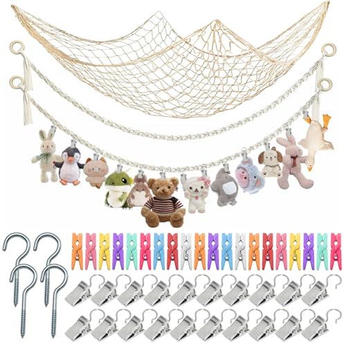 PXBSNB 2 Stück Kuscheltier Aufbewahrung Netz, Boho Makramee Stofftier Hängematte mit 40 Clips, Stofftier Aufbewahrung, 2M Hängender Stofftierhalter für Plüschtiere und Teddybären