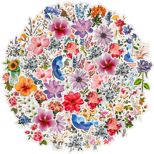 100 Blumenaufkleber, Scrapbook-Aufkleber, wasserfest, selbstklebende, transparente Blumenaufkleber für Scrapbook-Zubehör, Karten, Laptops, Basteln, Flaschen