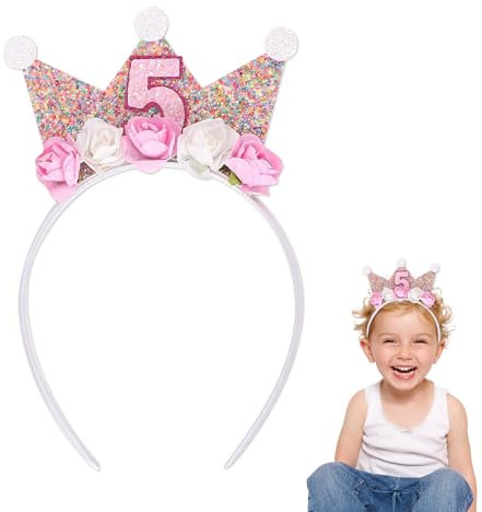 Geburtstagskrone 5 Jahre Mädchen – Glitzer Krone Kinder Geburtstag Stirnband mit Blumen Rosa Krönchen Geschenk Mädchen 5 Jahre Prinzessin Geburtstag Deko Partyhut