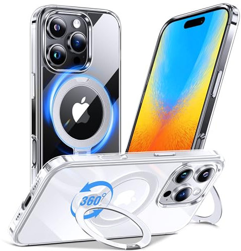 Anqrp 360° ALL-in-ONE Crystal Clear Case for iPhone 16 Pro Max with Rotatable Magnetic Stand, Compatible with Mag-Safe, Anti-Yellowing Transparent MIL-Grade Shockproof Phone Case for iPhone 16 Pro Max