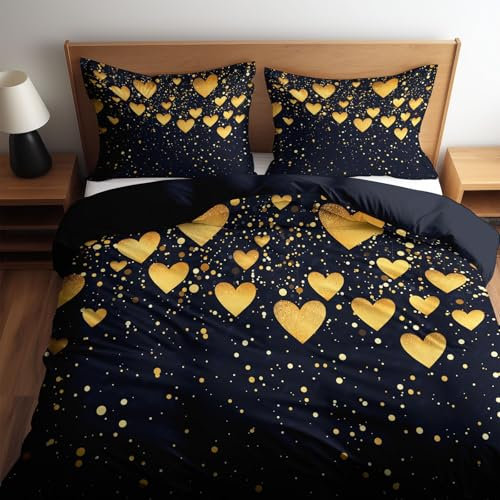 Bettwäsche Set Dunkelblau 155 x 220 Romantisches goldenes Liebesherz Muster Microfaser Doppelbett Wendebettwäsche Bettbezug mit Reißverschluss 3 Teilig Weiche Bettwäsche + Kissenbezüge 80x80 cm