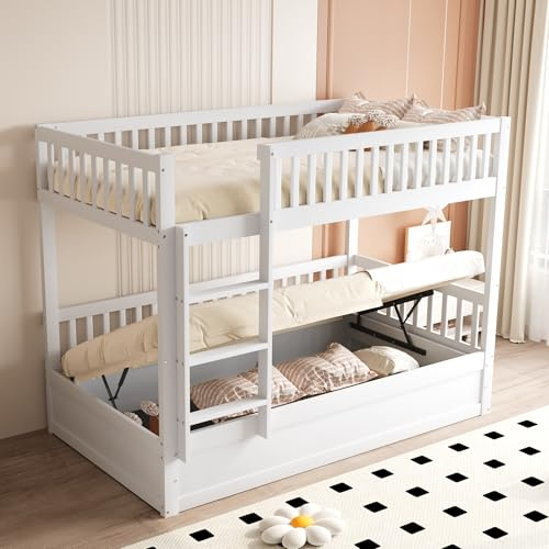 Kebnor Letto a castello per bambini in legno massello, sistema di stoccaggio idraulico, letto a castello robusto e durevole, per bambini, 90 x 200 cm (bianco)