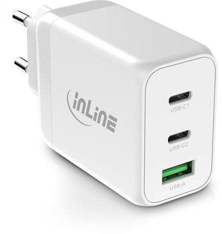 InLine USB Ladegerät 3-Port, 2X USB-C, 1x USB-A, GaN Technologie, 65W, Schnellladegerät, PD3.0, QC 4+, Netzteil für MacBook/Air, iPhone/mini, iPad, Pixel und mehr, weiß, 31506E