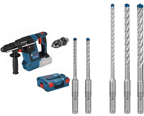 Bosch Professional 18V System Akku Bohrhammer GBH 18V-26 F (inkl. Zusatzhandgriff, Tiefenanschlag, ohne Akku/Ladegerät) + 5x Expert SDS plus-7X Hammerbohrer Set (für Stahlbeton, Ø 5-10 mm)
