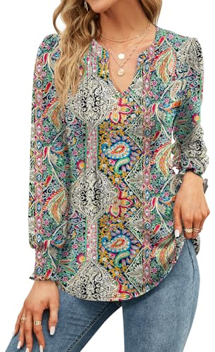 EFFAN Ladies Tops Elegant Gifts for Women Long Sleeve Tops Xmas V Neck Casual T Shirts Long Sleeve Tunic Blouse, Boho L (UK 16-18)