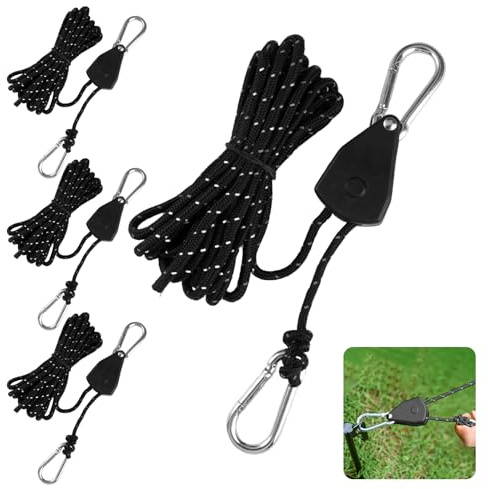 4 Pezzi Cricchetto per Corda, 4m Cricchetto di Corda Regolabili con Gancio, Riflettente Rope Ratchet Paracord per Piante in Vaso, Tenda, Escursioni