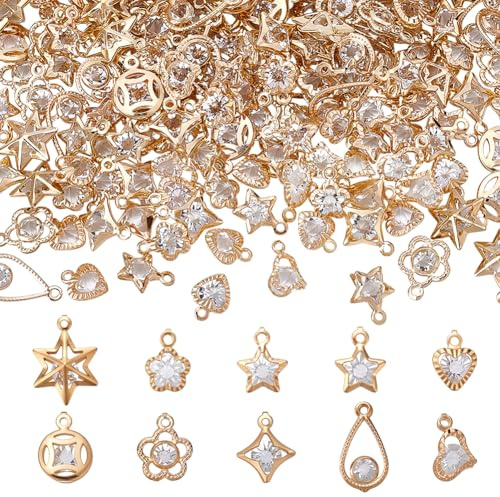 CRAFTYMELODY 200 Stück 10 Stile Strass Anhänger Legierung Süße Stern Mini Kristall Herz Tropfenform Glänzende Anhänger Für Die Schmuckherstellung