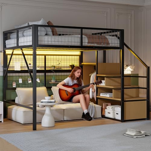 LANTRO JS Hochbett 140x200 Metall, mit Leiter-Aufbewahrung und offenem Schrank Stauraum unter dem Bett, mit Led Band, Schwarz (ohne Matratze)