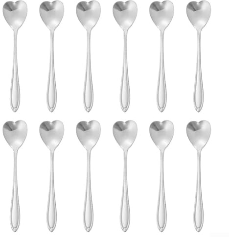 TDCuizent Set di 12 cucchiaini da caffè a forma di cuore, in acciaio inox lucido, cucchiaini da dessert e tè, per casa, ristorante, cucina, tavolo da pranzo, design elegante (argento)