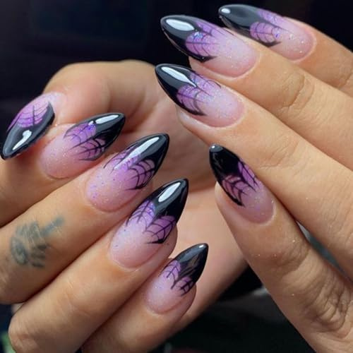 Ceboic 24PCS Halloween Faux Ongles Amande Moyenne Français Press on Nails Violette Toile d'araignée Brillant Ongles à Coller Réutilisables Acrylique Couverture Complète Faux Ongle pour Femmes Filles