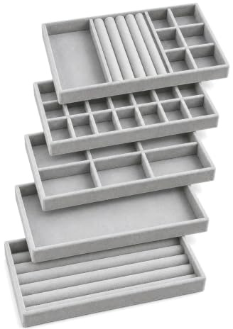 5er Schmuckaufbewahrung, Samt-Schmuck Organizer für Schubladen, Grau | 5 graue Samt-Schmucktabletts, je 21 x 12,7 x 2,5 cm; stapelbar mit variablen Fächern für Ringe, Ketten und Ohrringe