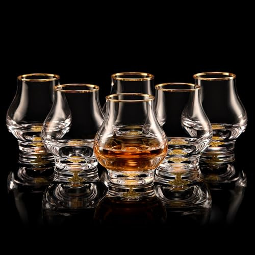DUJUST Whiskygläser 6er Set (205 ml), Kurvenreich Whiskey Gläser mit 24K Blattgoldflocken, luxuriöse Snifter glas für Brandy/Cognac/Bourbon/Tequila/Scotch, BPA-frei und bleifrei