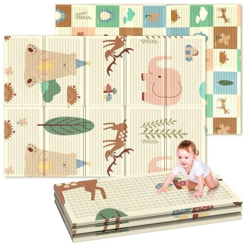 Soontrans Krabbelmatte Baby, Spielmatte Baby Faltbar, 180x120x1cm, Play Mat for Babies Doppelseitige, Schaumstoffmatt, Wasserdicht, Tragbar, Bodenmatte Kinder mit Aufbewahrungstasche (Wald/Tier)