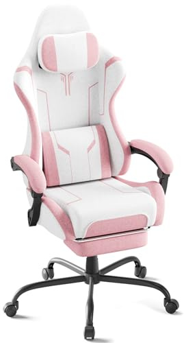 Chaise Gaming Ergonomique à Tissu en Lin Respirant–Fauteuil Gamer，Chaise Bureau Gamer， 360° Pivotante, Hauteur &Inclinaison Réglables,Repose-Pieds Intégré, Support Lombaire，Fauteuil de Bureau (Rose)