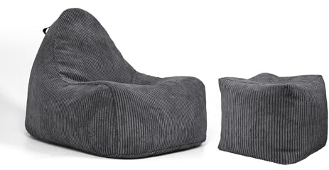 Nadimaideal Königessitzsack XXL aus Cord für Teenager & Erwachsene | Gaming Sitzsack 100 x 85 cm | Komfortabler Beanbag mit Hochwertiger Füllung EPS Perlen | Anthrazit, XXL mit Hocker