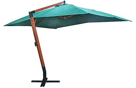 Melia Parasol déporté rectangulaire, vert, 3 x 4 m, avec mât en bois dur, protection UV, polyester, 250 g/m², pour l'extérieur, imperméable, pied stable