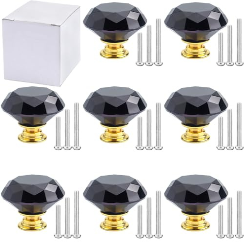 LHNNDM 8 Pcs 40mm Crystal Glass Cabinet Door Knobs, Screws for Home Kitchen Office Cabinet Drawer Decorating (Diamond-Shaped, Gold-Base Black) (Gold-Base Black, Diamond-Shaped)