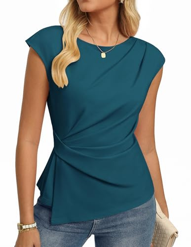 GRACE KARIN Top estivo da donna a maniche corte, girocollo, casual, tunica camicette increspate camicia da lavoro, Blu ottanio, L