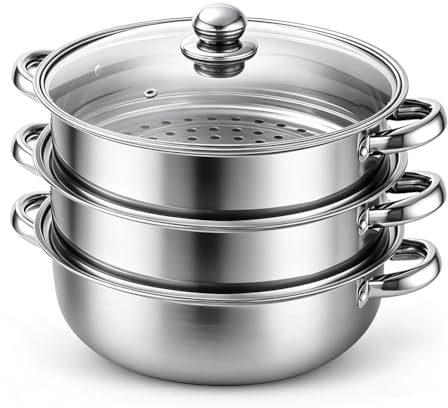28 cm Dampfgarer, Edelstahl Dampfgarer mit Glasabdeckung, 3-Stufiges Dampfgarers-Topfset, Ampfkocher Schongarer Induktion Dampfkochtopf, zum Garen von Gemüse,Meeresfrüchten,Suppen,Eintöpfen (3 Tiers)