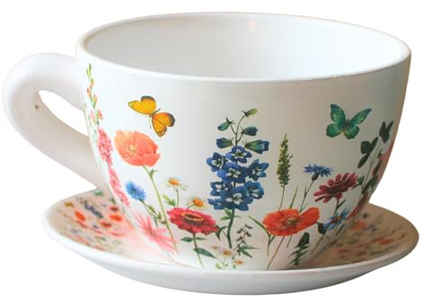 Dekohelden24 Blumentopf, Pflanztasse, Pflanzkübel, Pflanzgefäß, Blumenkübel, Pflanztopf. Übertopf als Tasse mit Griff aus Keramik, Motiv: Wiese, L/B/H 25 x 23 x14 cm.