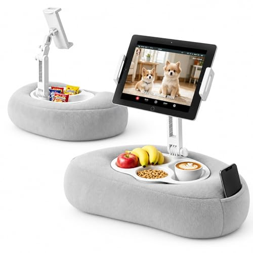 CaeliMuse Tablet Pillow Stand with 3 Divided Trays 360°Kindle Holder for Bed Adjustable, Soft Reading Cushion Lap Desk, Compatible with 4.5-10 iPad,Kindle Accessories/Paperwhite, Phones - Grey